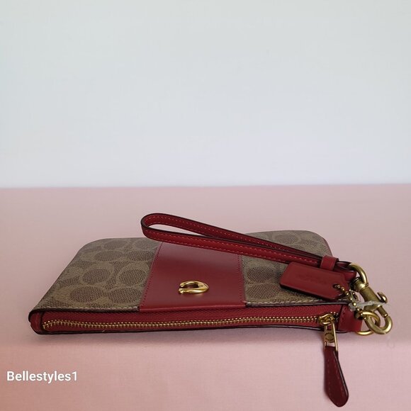 COACH Boxed Small Wristlet in Signature Canvas & Smooth Leather-Tan/Ruby color⭐ - Picture 13 of 16